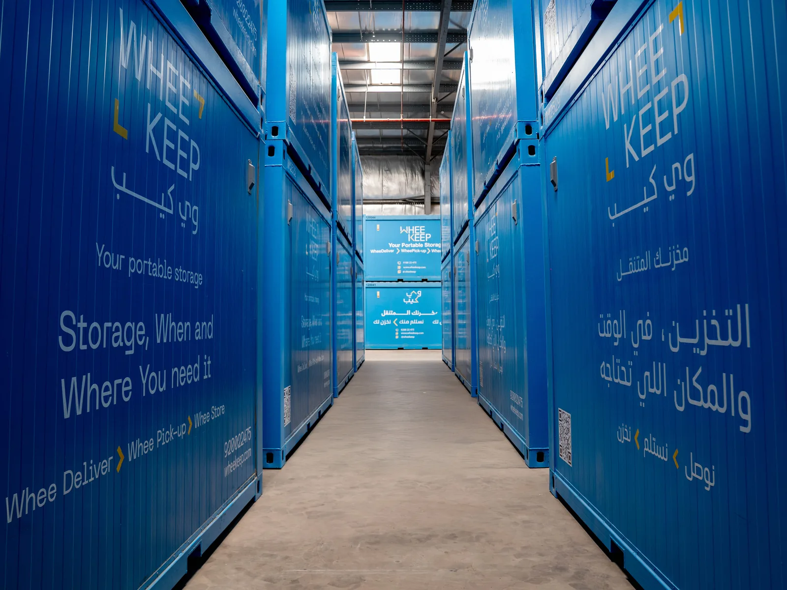 An aisle between rows of WheeKeep storage units inside the facility