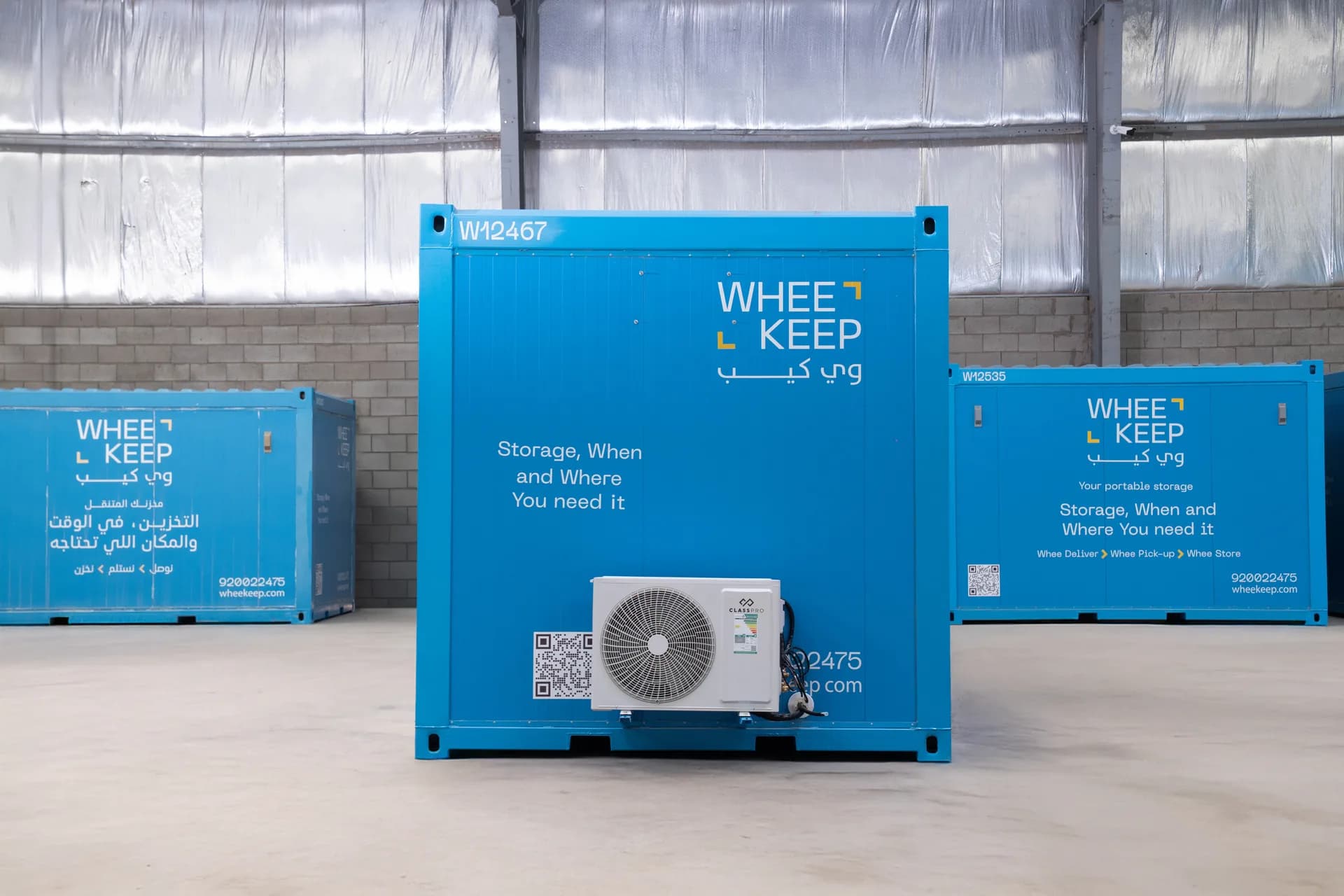 A WheeKeep air-conditioned storage unit with its external AC unit