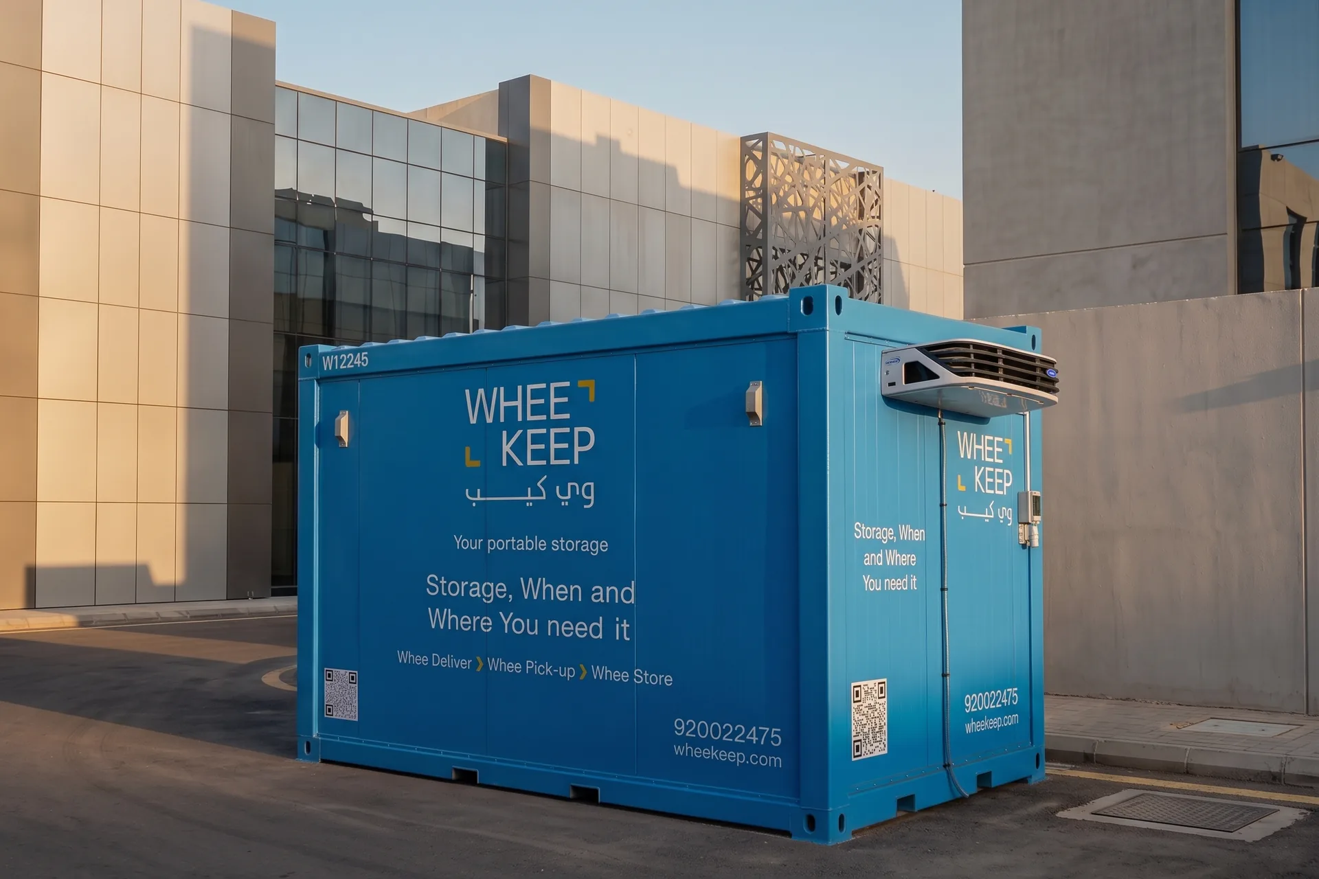 A WheeKeep storage unit outside a modern villa in a residential district