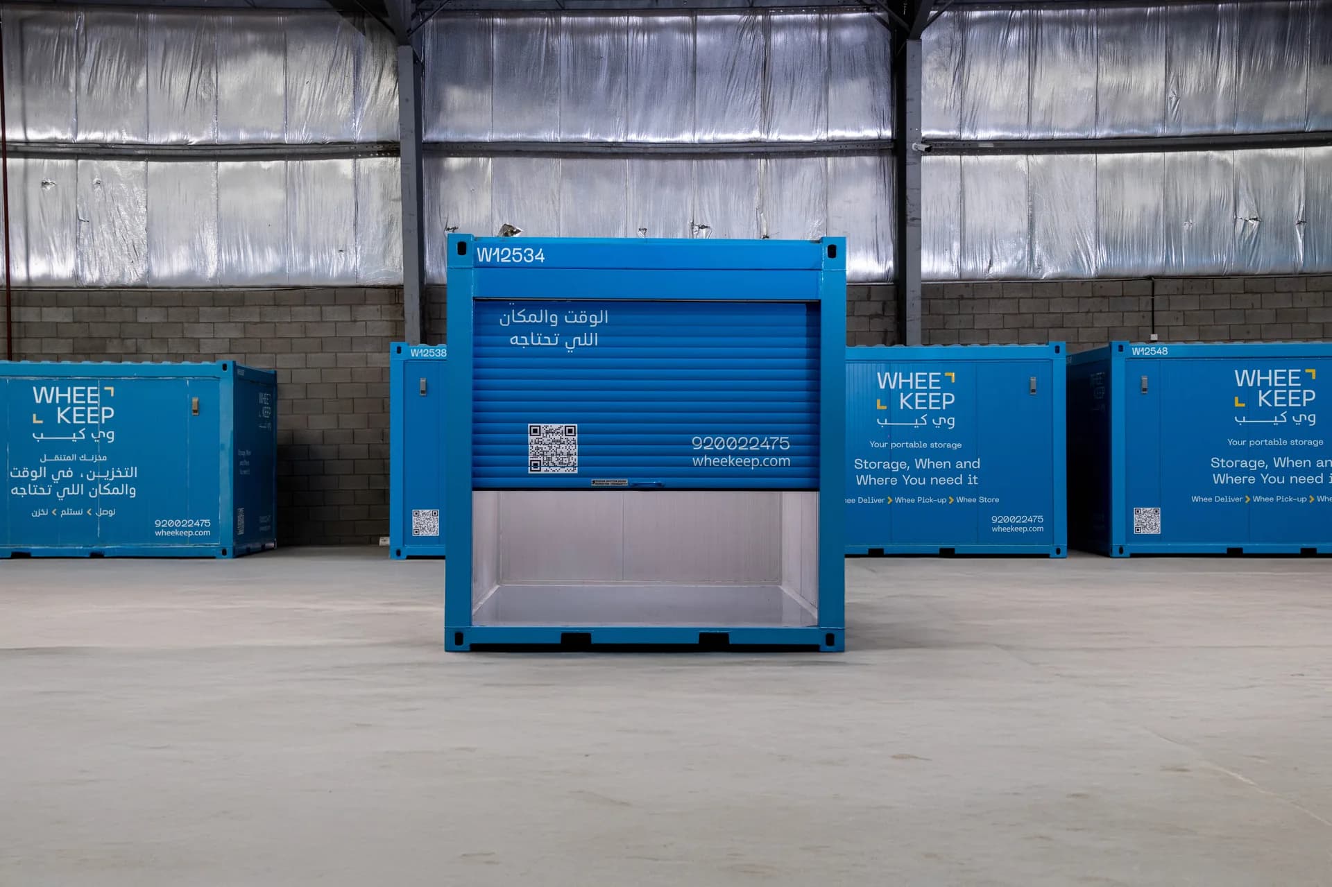 A WheeKeep roll-up-door storage unit inside the facility