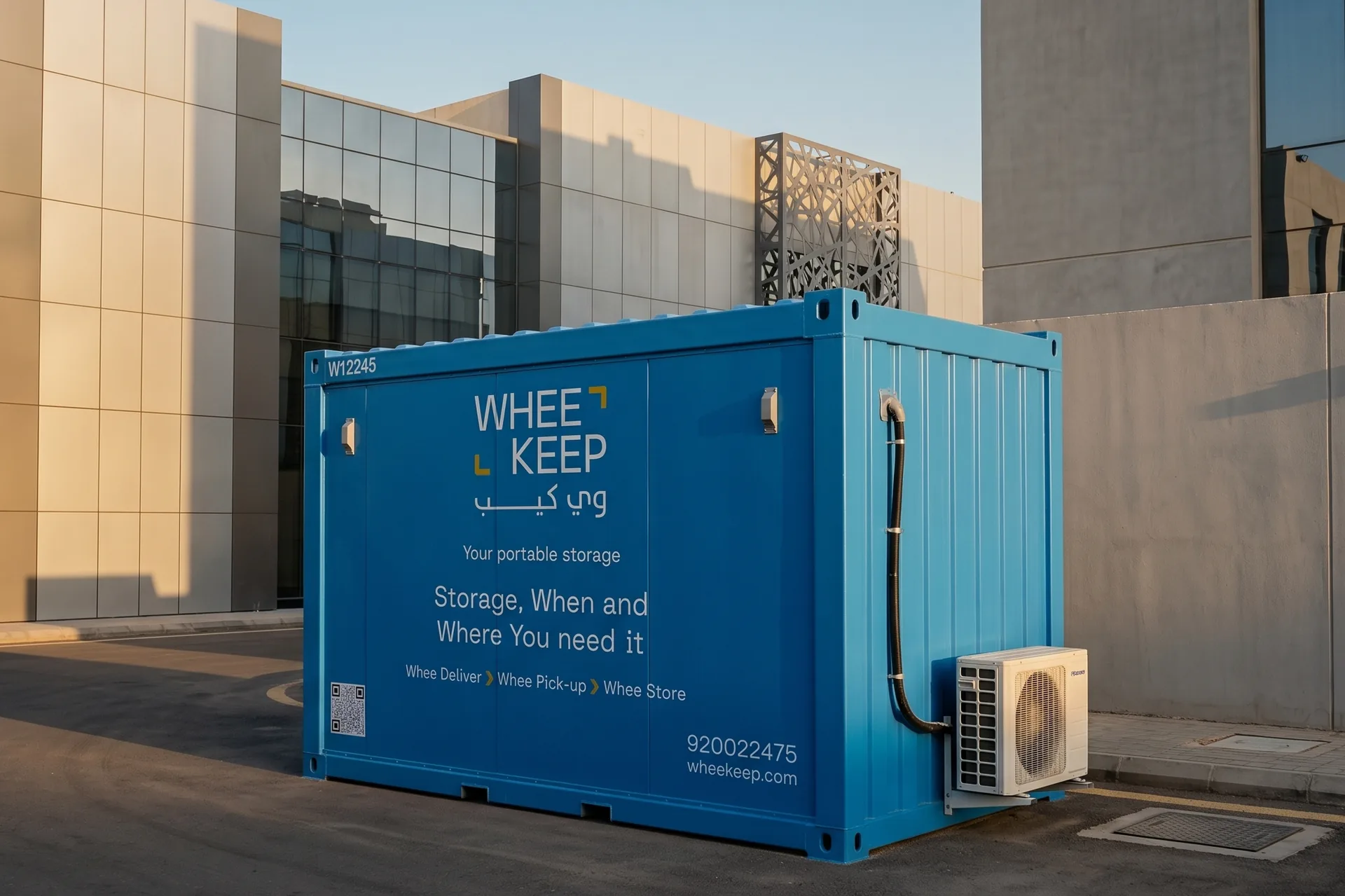 An air-conditioned WheeKeep storage unit beside a building