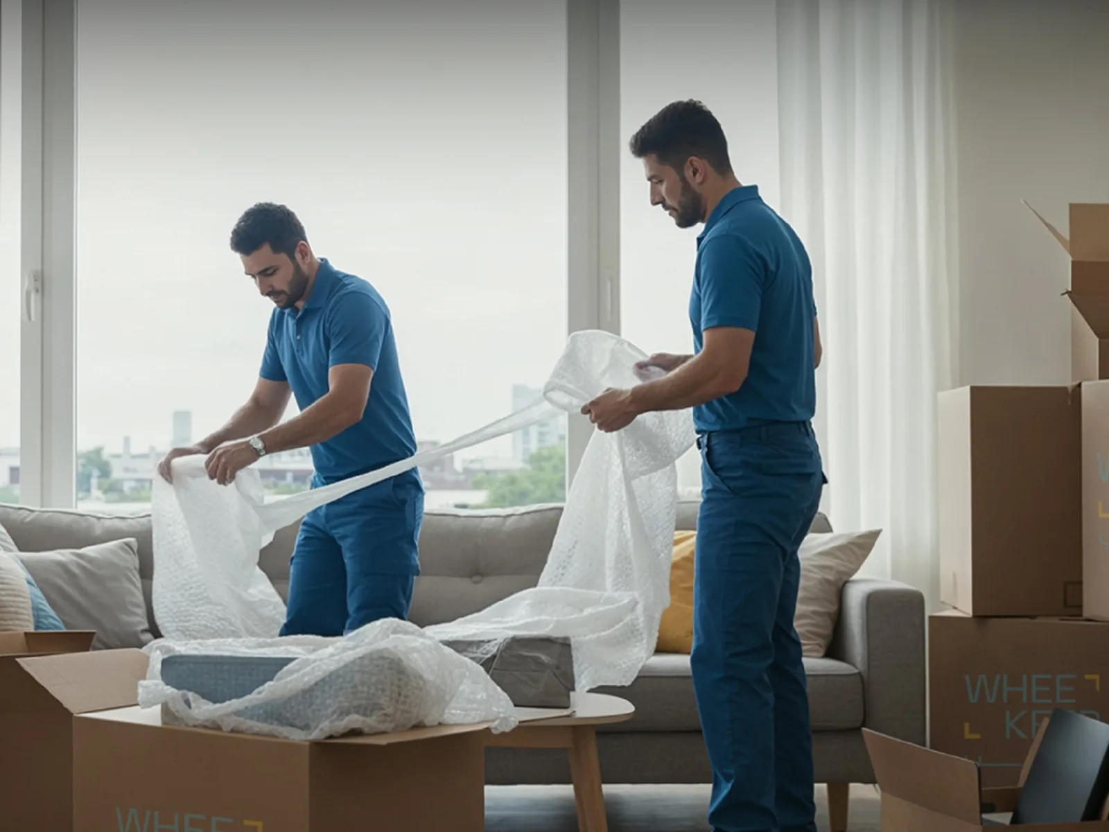 Two WheeKeep team members wrapping a sofa in a customer's home