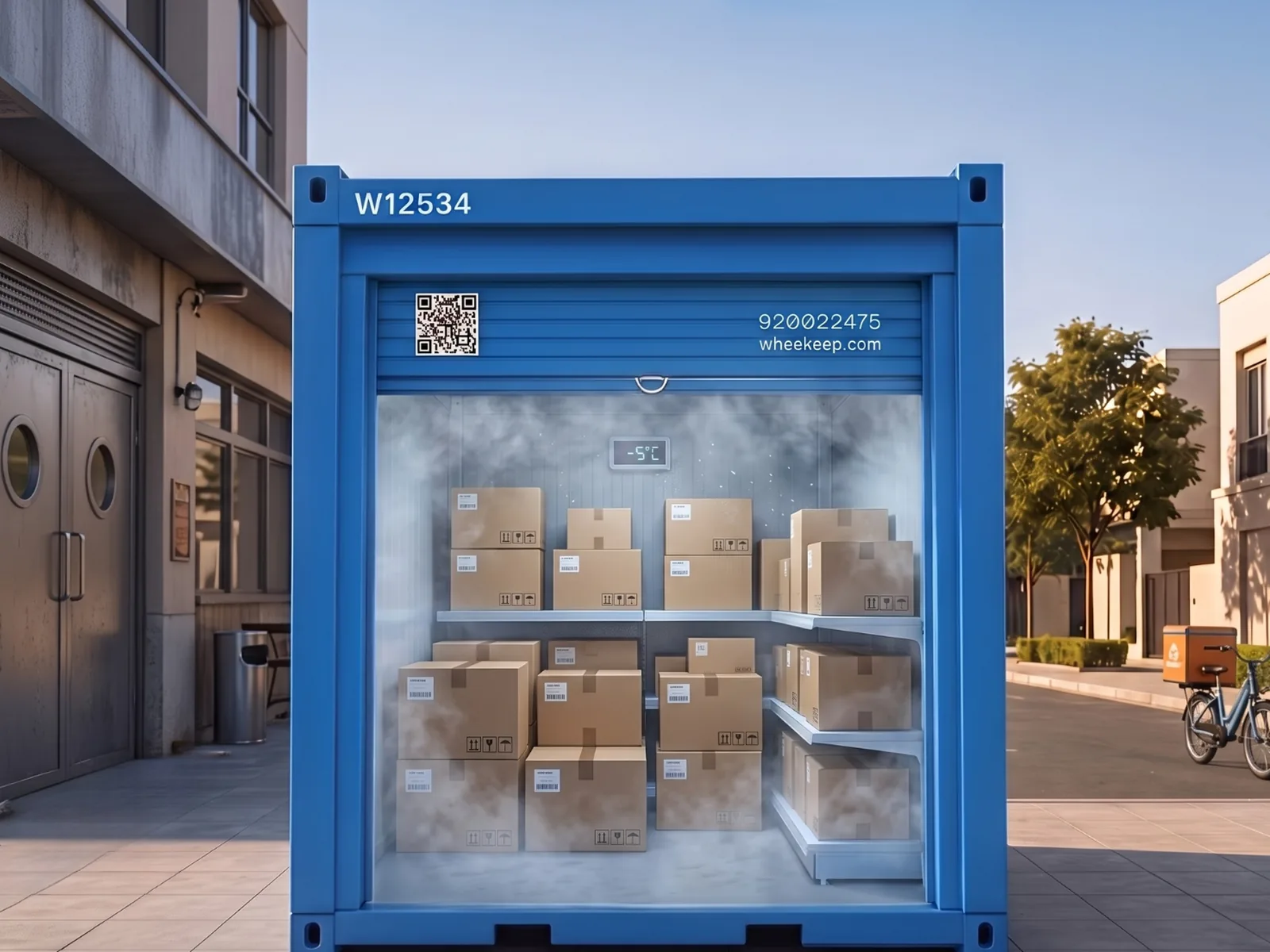 An open WheeKeep freezer unit with boxes and frost