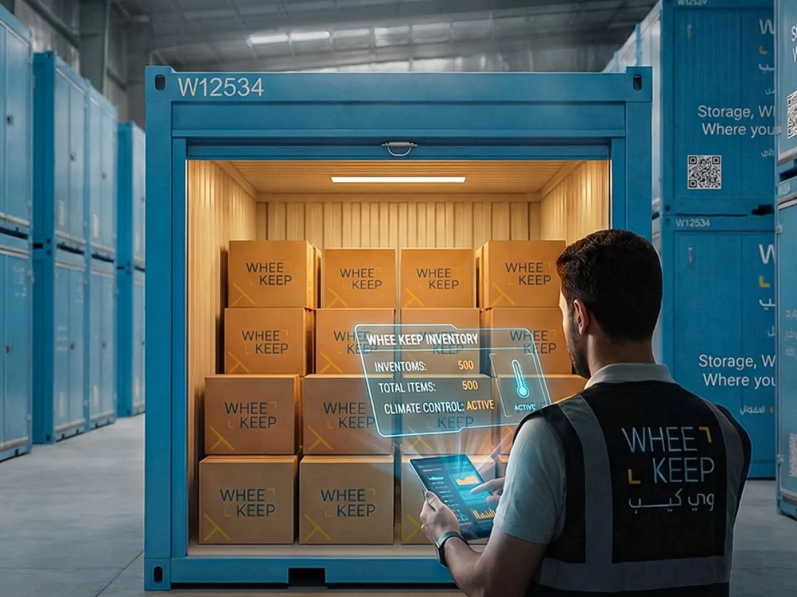 A WheeKeep staff member at an open storage unit full of boxes