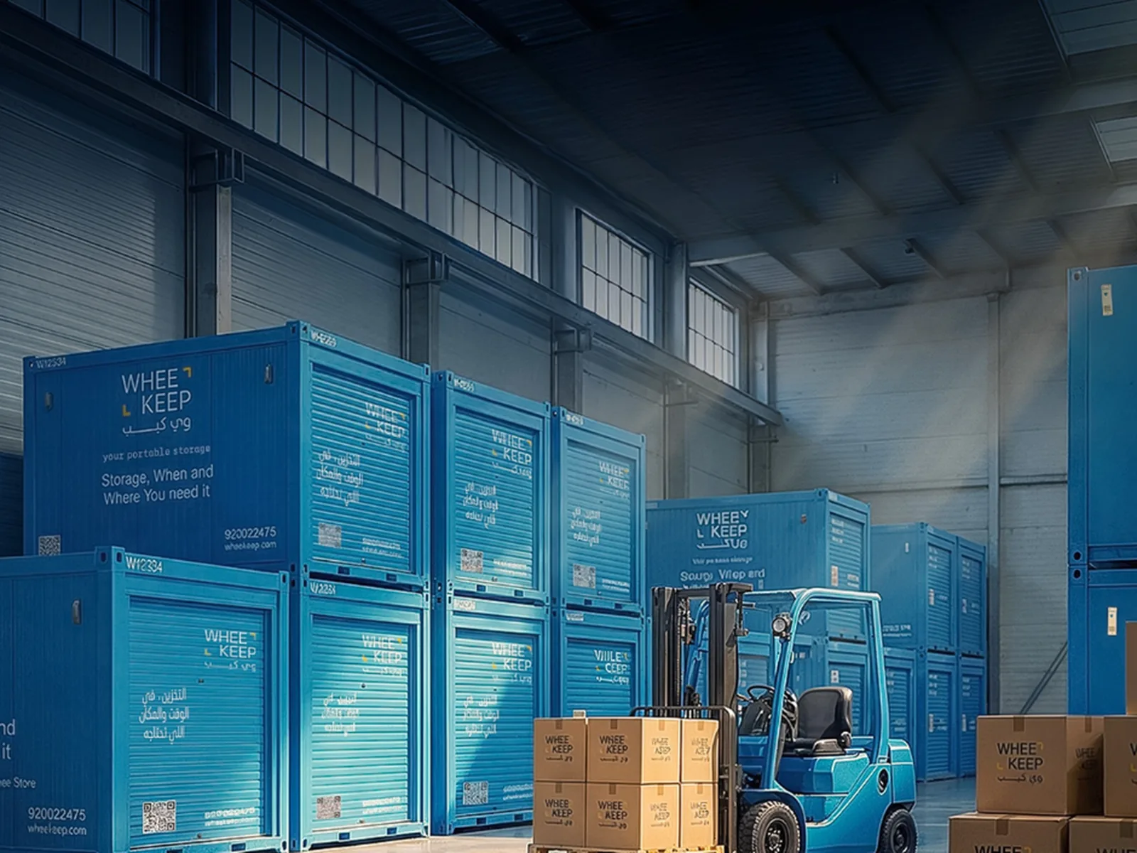 A forklift moving pallets into WheeKeep storage units inside the facility